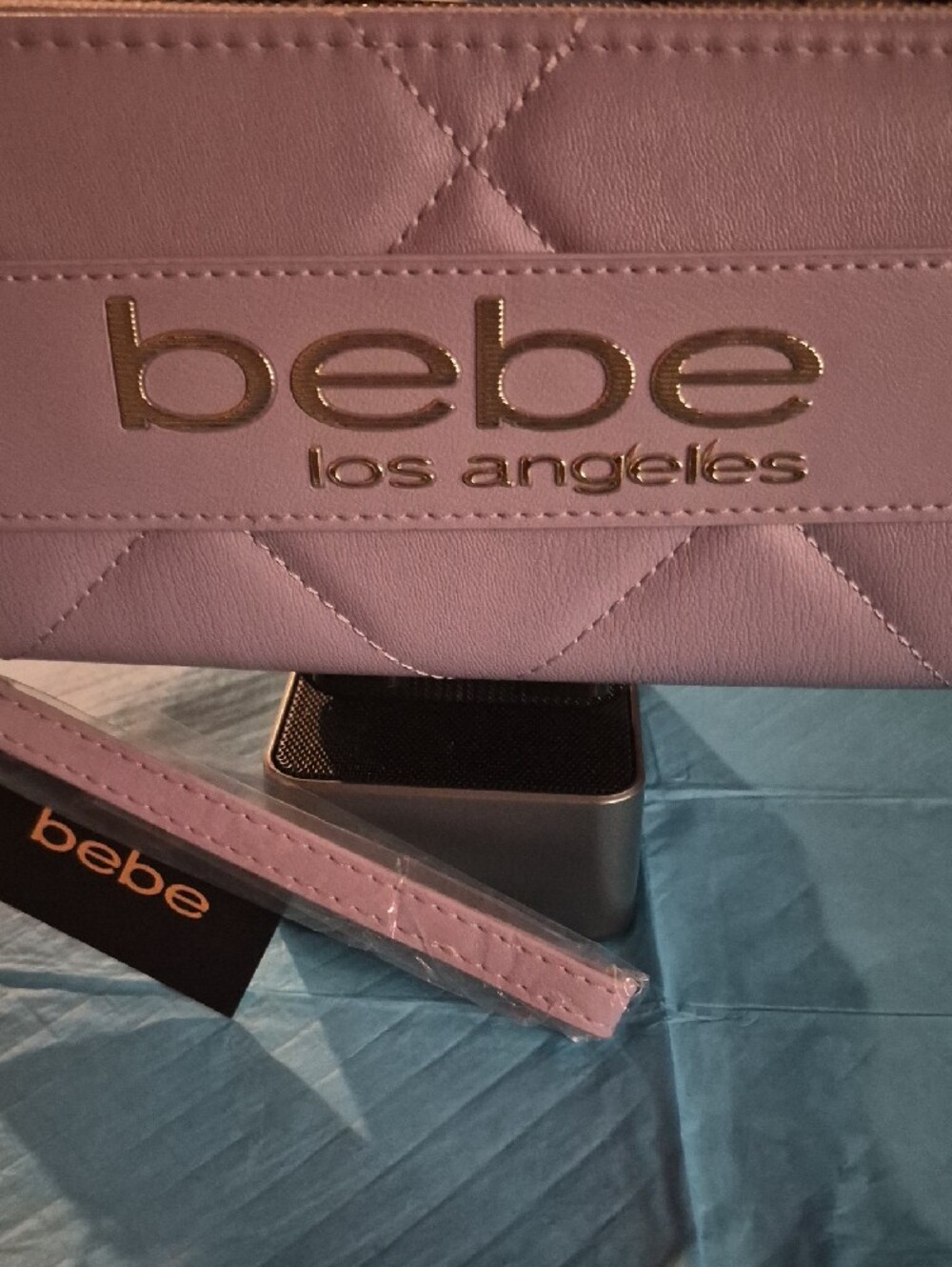 bebe Quilted Wristlet in Purple      Lilac with Gold Logo - Picture 4 of 6